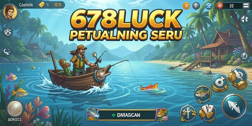 Screenshot 678LUCK memperlihatkan pemain menangkap ikan besar di danau yang indah.