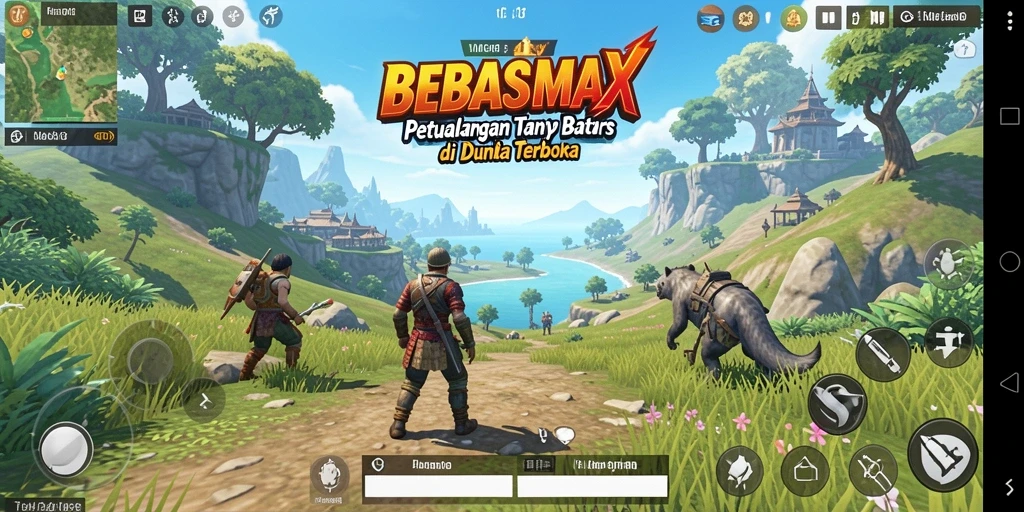 Screenshot gameplay BEBASMAX yang menunjukkan petualangan di dunia terbuka.