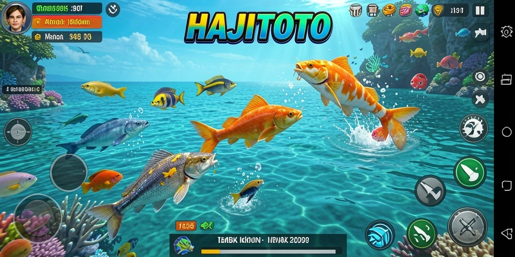 Gameplay seru HAJITOTO dengan berbagai ikan dan senjata.