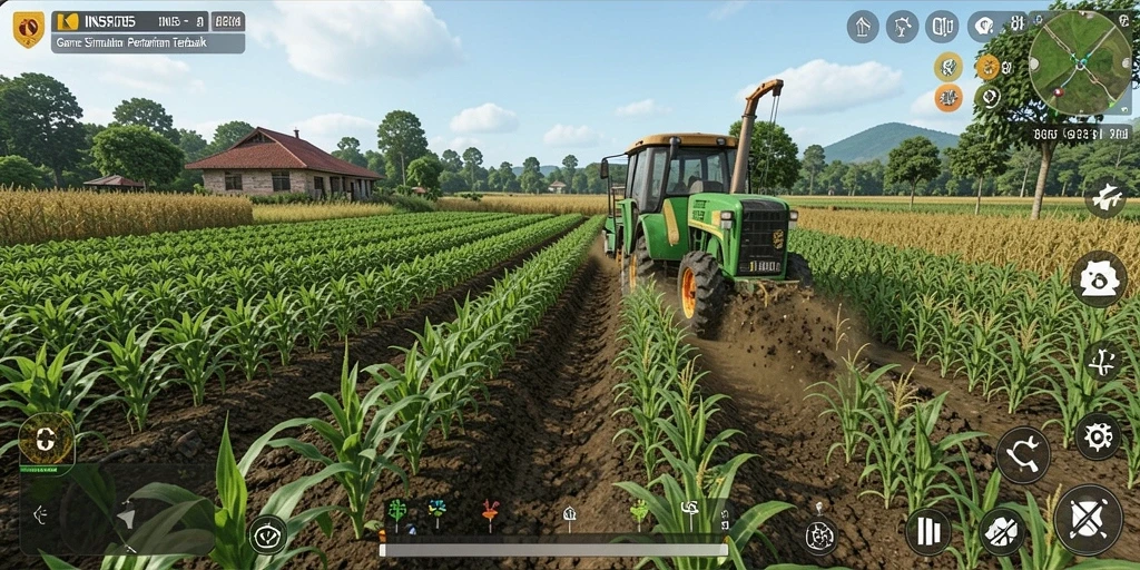 Tampilan gameplay INS55 dengan suasana pertanian yang hidup.