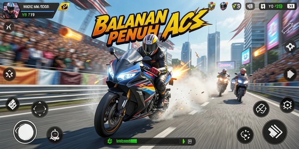 Tangkapan layar Y89 menampilkan balapan motor yang seru dan mendebarkan.